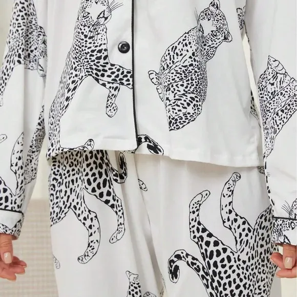 Casual Animal Leopard Print Collared Long Sleeve Top And Loose Pants Comfortable