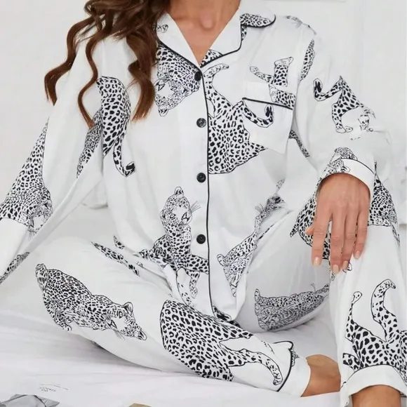 Casual Animal Leopard Print Collared Long Sleeve Top And Loose Pants Comfortable