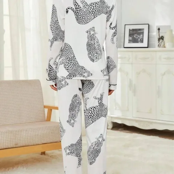 Casual Animal Leopard Print Collared Long Sleeve Top And Loose Pants Comfortable