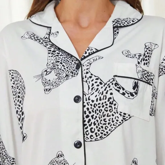 Casual Animal Leopard Print Collared Long Sleeve Top And Loose Pants Comfortable