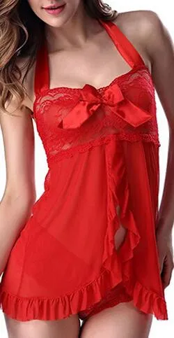 Celino Women's Lace Babydolls Sets Low Cut Chemise Lingerie Sleepwear for Ladies Red