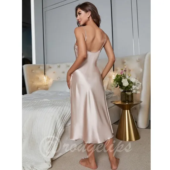 Champagne Sexy Satin Night Slip Dress Lace Detail Midi Cami