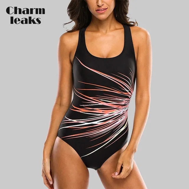 Charmleaks Women One Piece Swimwear Geometry Print Swimwear Women Colorblock Swimsuit Bathing Suit Monokini Bikini