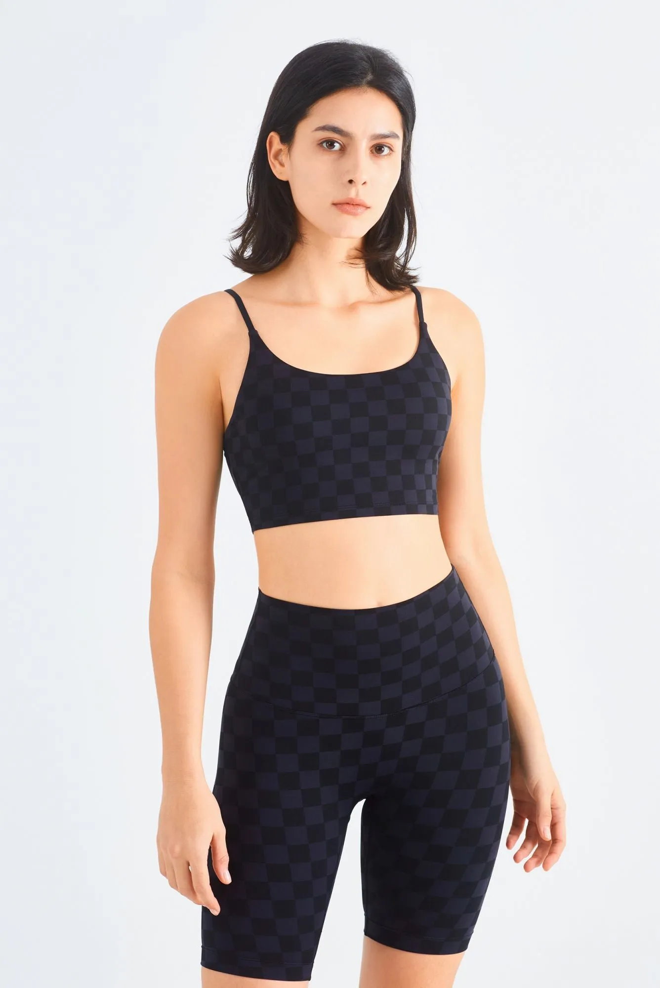 Checkerboard Sports Bra & Biker Shorts Activewear Set