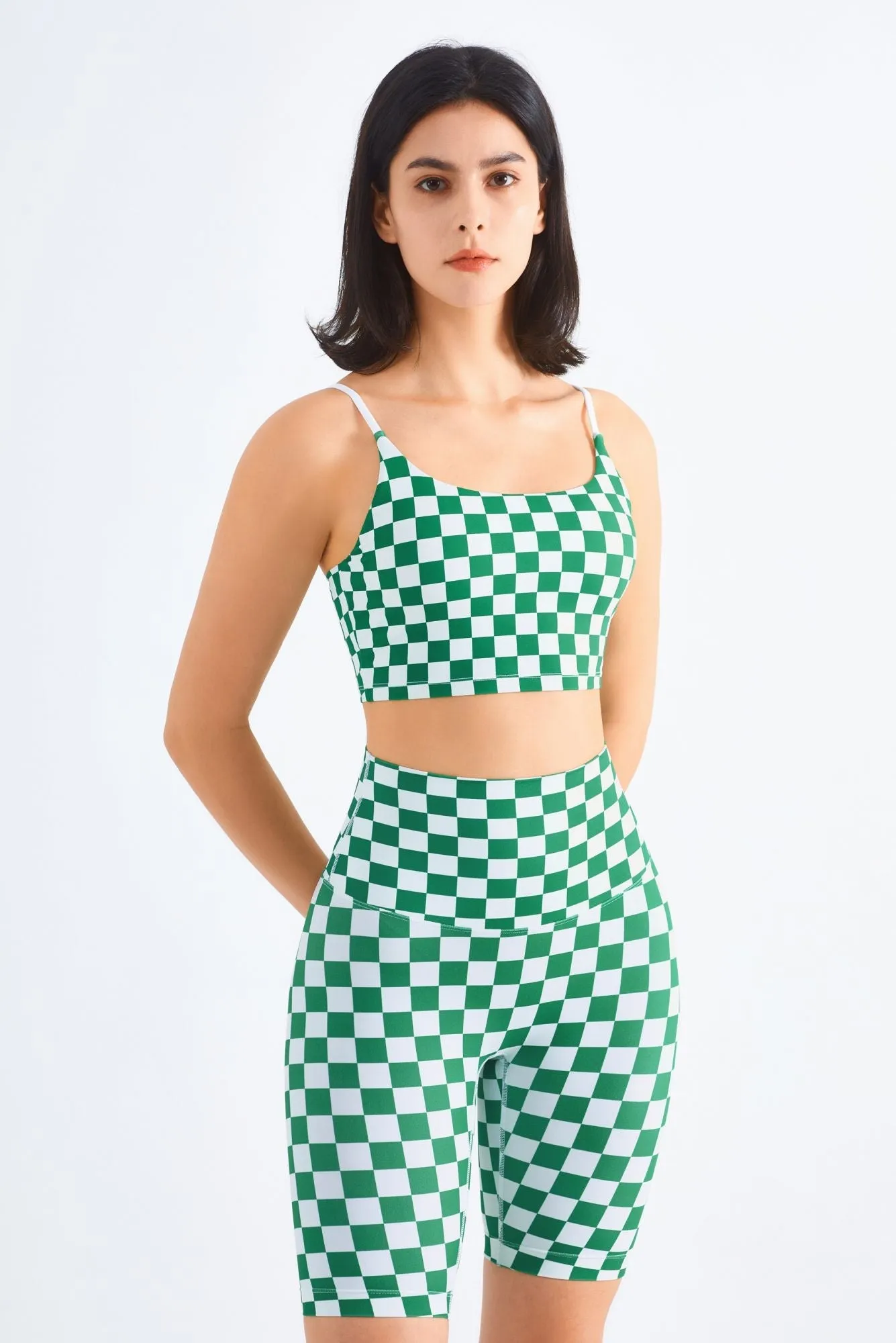 Checkerboard Sports Bra & Biker Shorts Activewear Set
