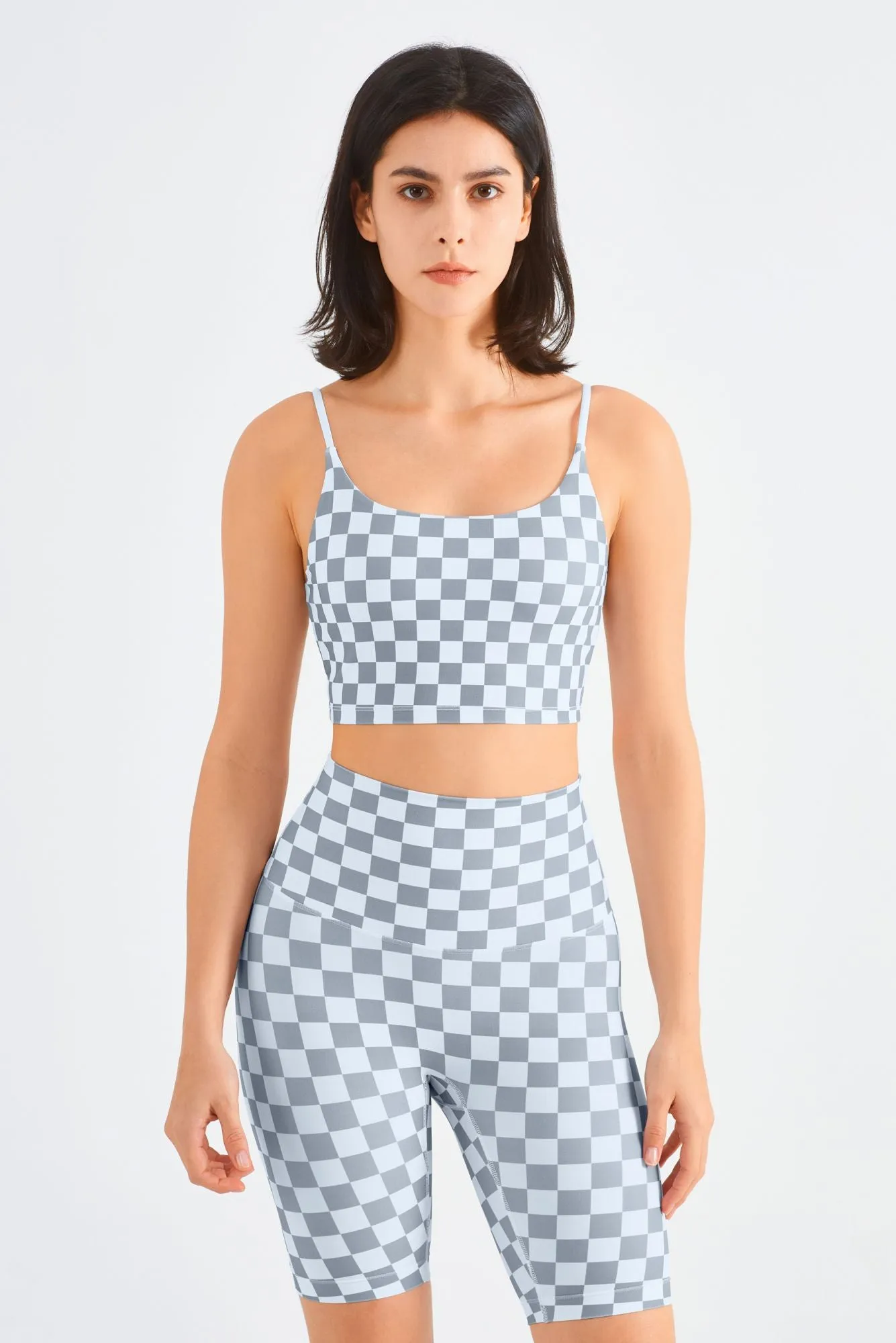 Checkerboard Sports Bra & Biker Shorts Activewear Set