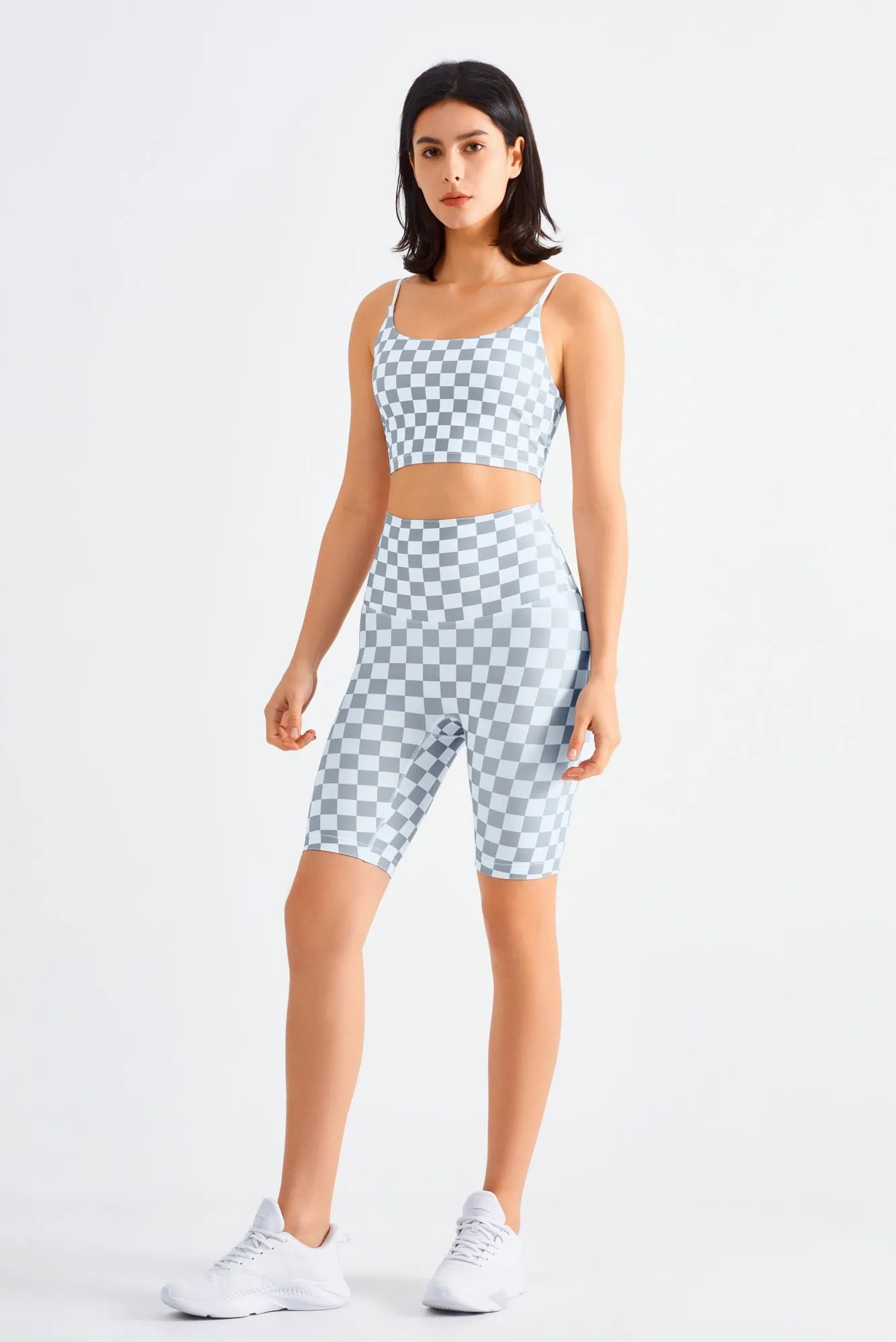 Checkerboard Sports Bra & Biker Shorts Activewear Set