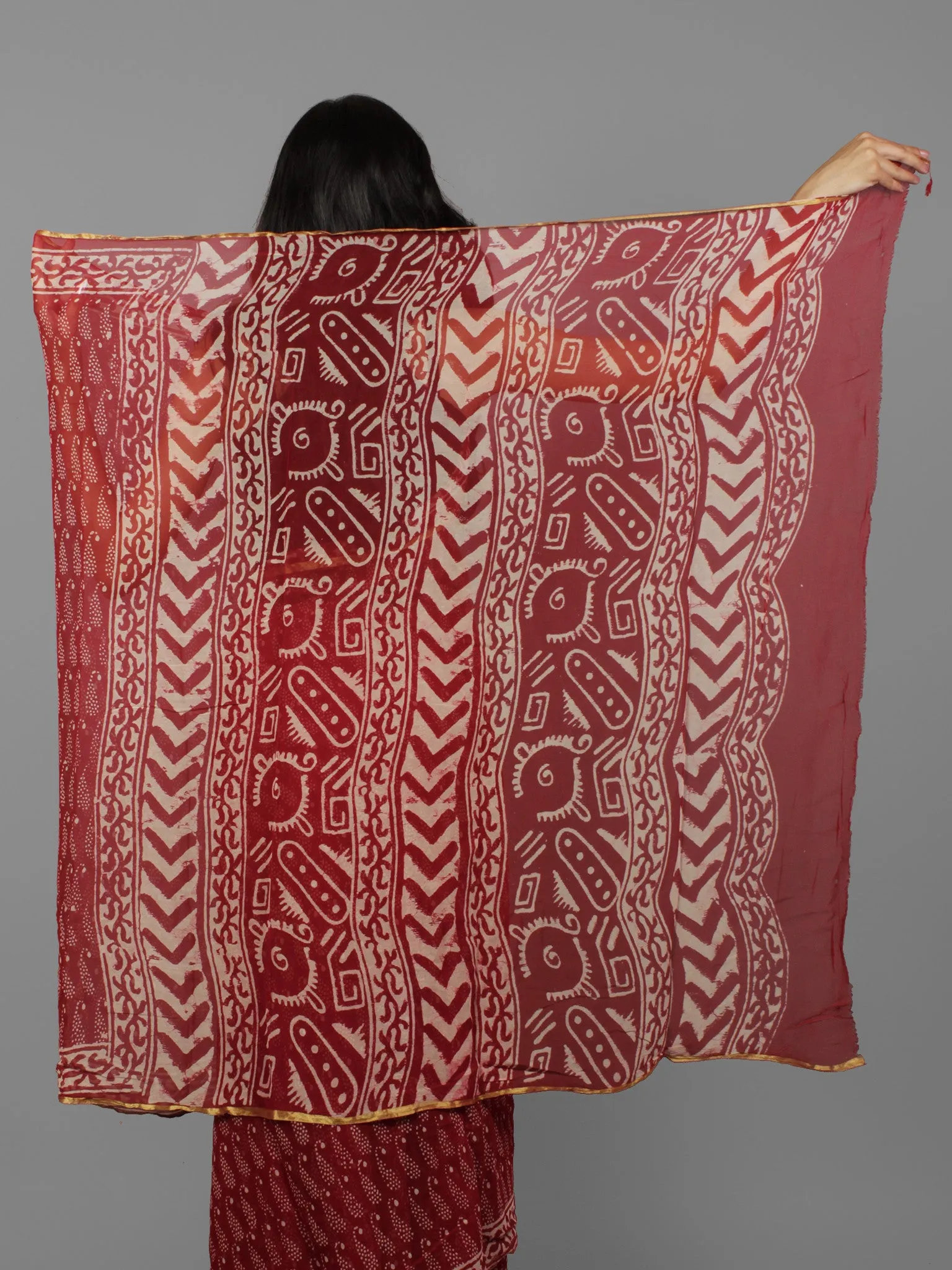 Cherry Red Ivory Hand Block Printed Chiffon Saree - S031702075