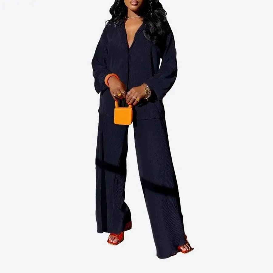 Chic Long-Sleeve Wide-Leg Pajama Set