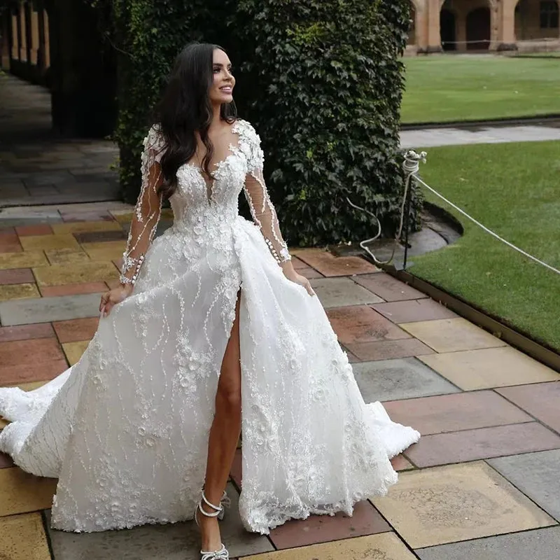 Chiffon Princess Ball Gown O-neck Full Sleeve Elegant Bride Dresses