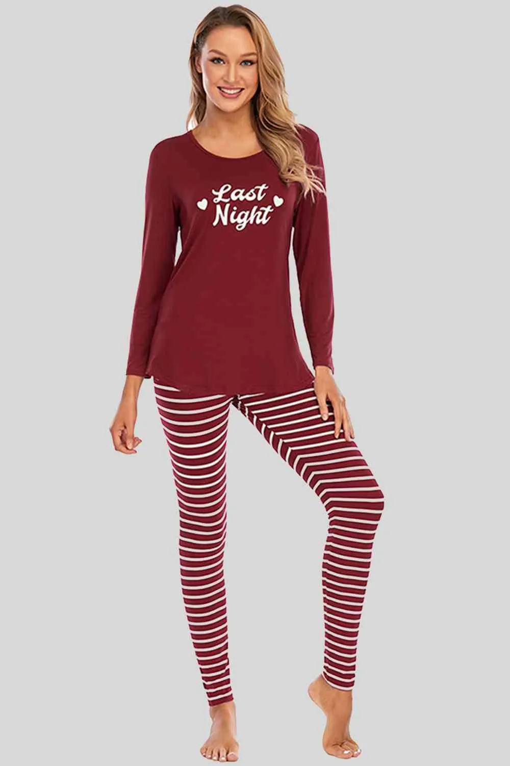Christmas Graphic Round Neck Top and Striped Pajama Set (2 Color Styles)