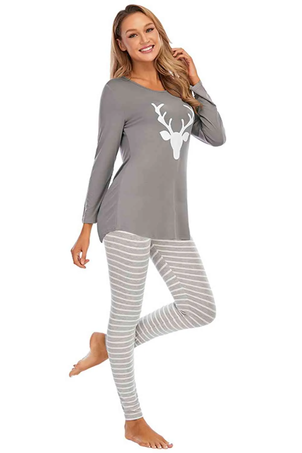 Christmas Graphic Round Neck Top and Striped Pajama Set (2 Color Styles)
