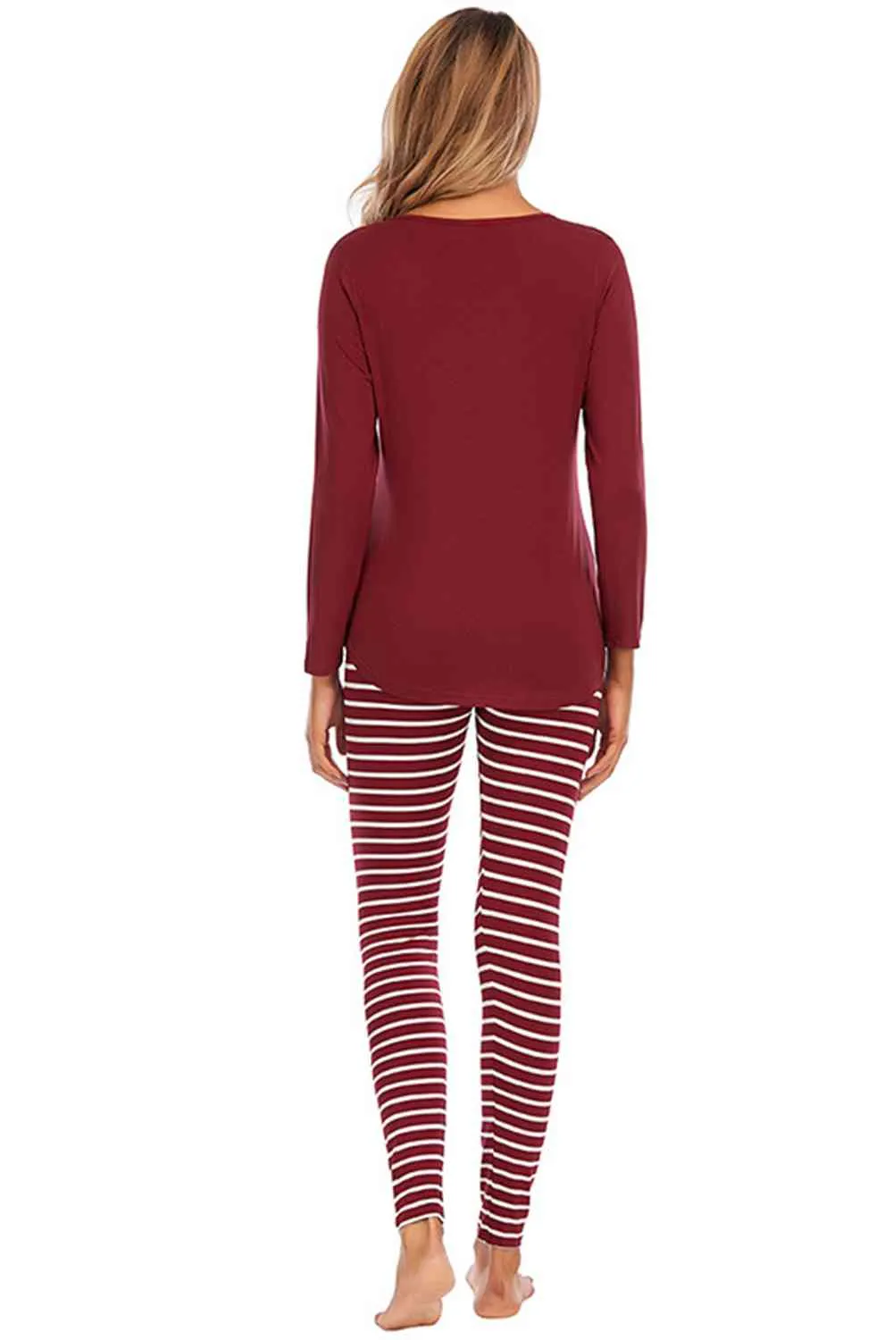 Christmas Graphic Round Neck Top and Striped Pajama Set (2 Color Styles)