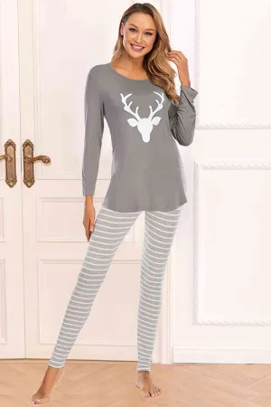 Christmas Graphic Round Neck Top and Striped Pajama Set (2 Color Styles)
