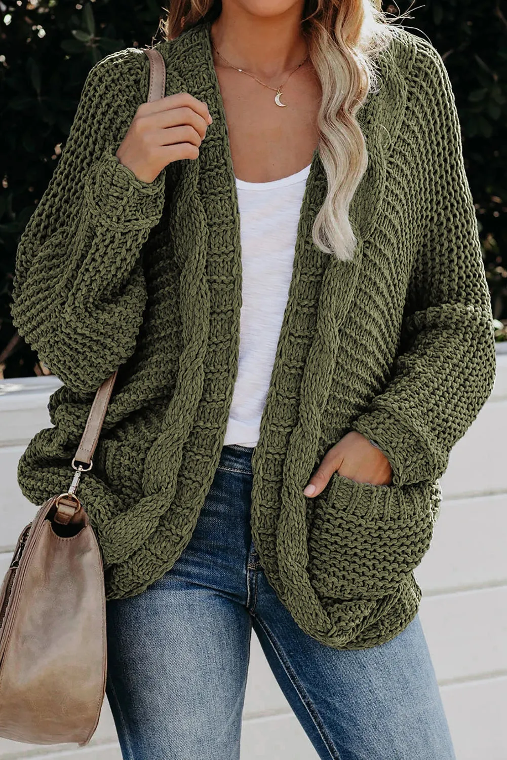 Chunky Knit Solid Cardigan with Pocket