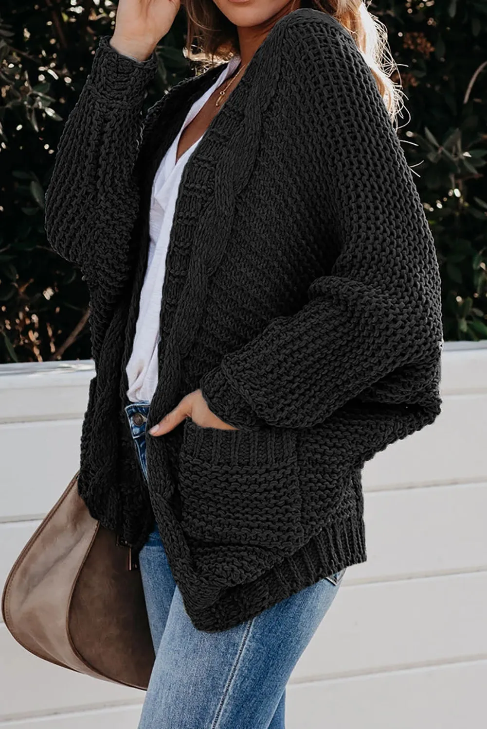 Chunky Knit Solid Cardigan with Pocket