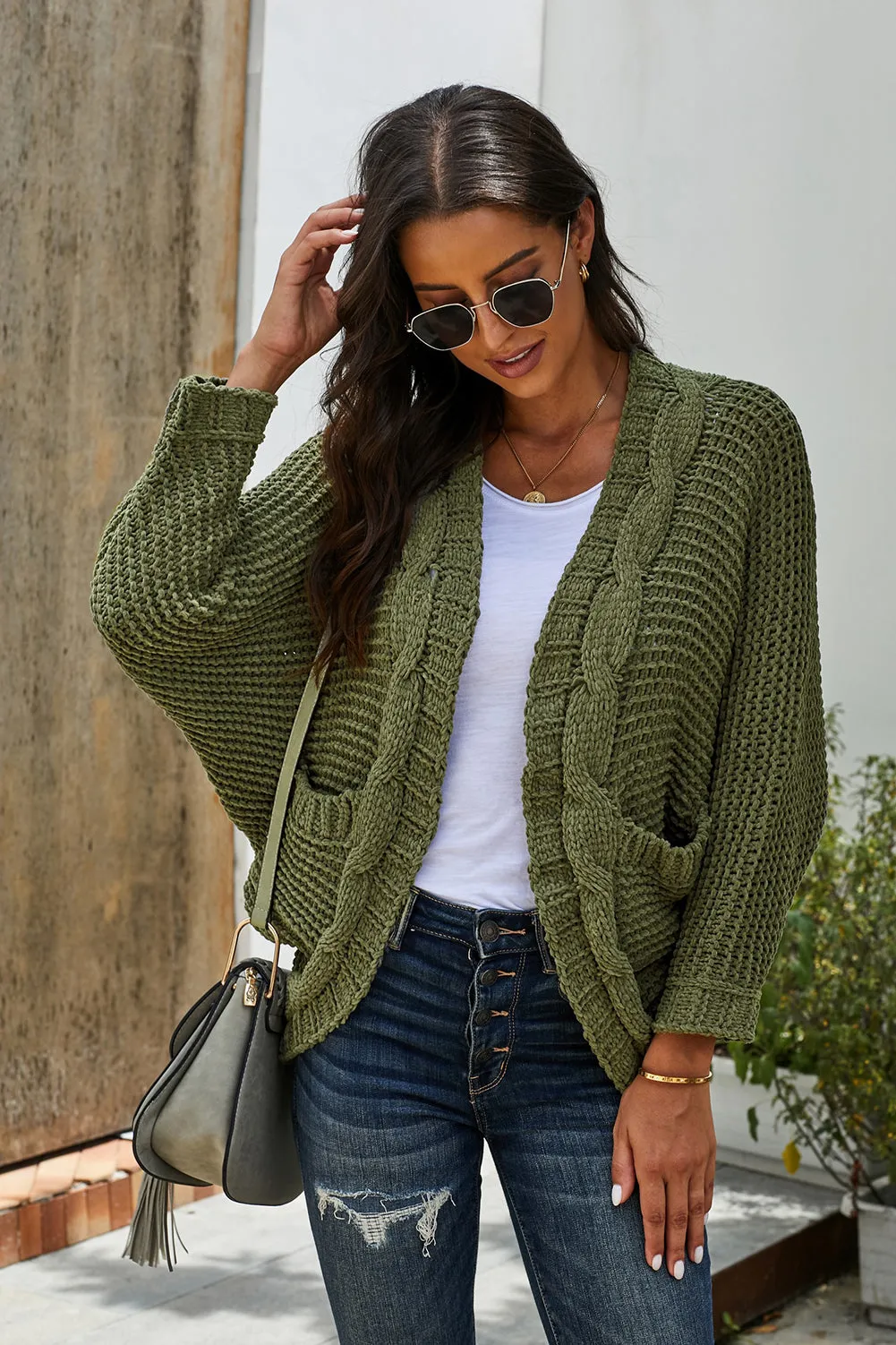 Chunky Knit Solid Cardigan with Pocket