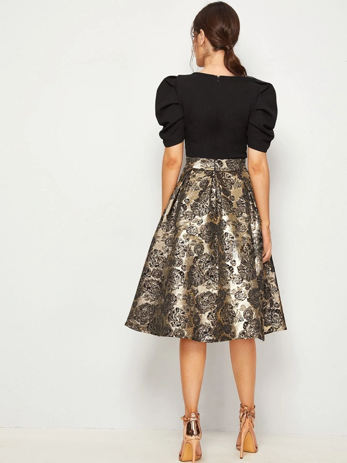 Clasi Solid Puff Sleeve Bodice Jacquard Flared Dress