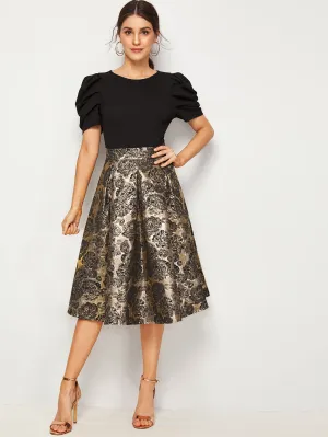 Clasi Solid Puff Sleeve Bodice Jacquard Flared Dress