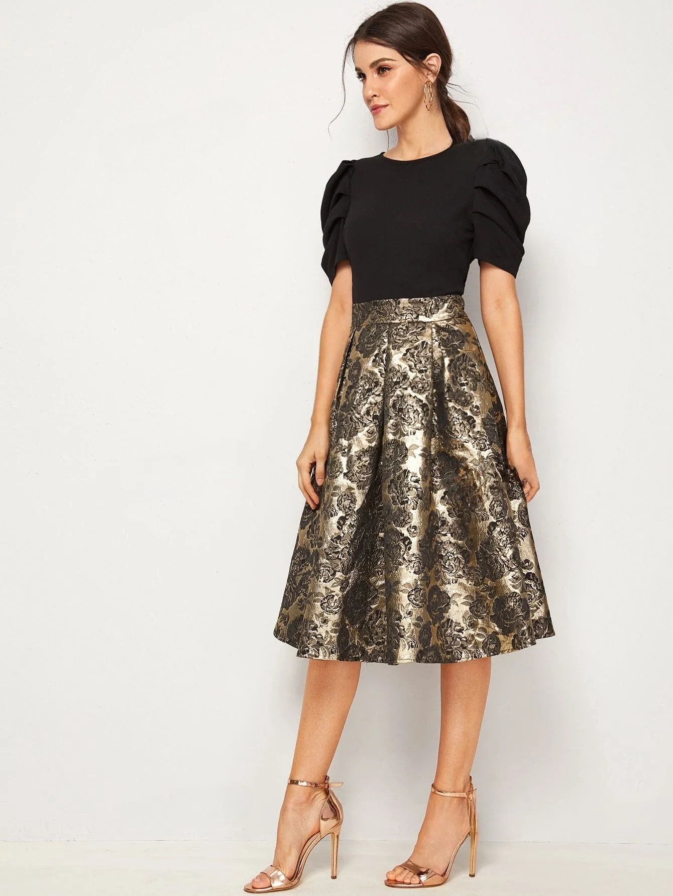 Clasi Solid Puff Sleeve Bodice Jacquard Flared Dress