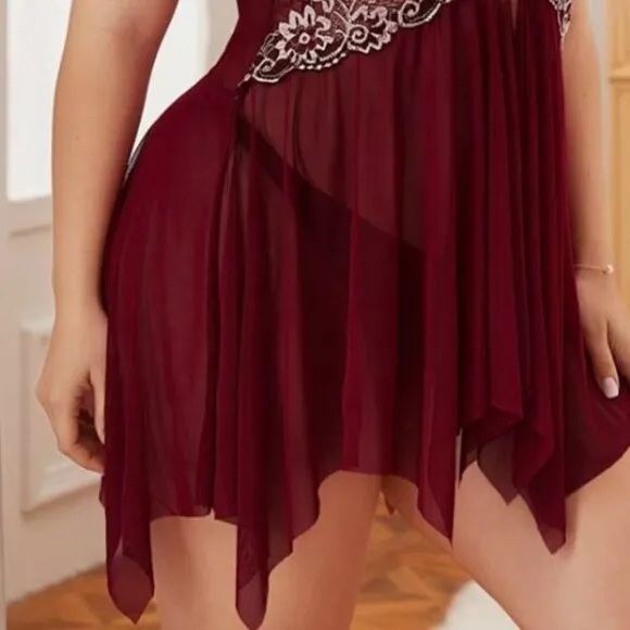 Classic Sexy Asymmetric Slip and Thong Panty Sleepwear Set Womens Burgundy 5XL