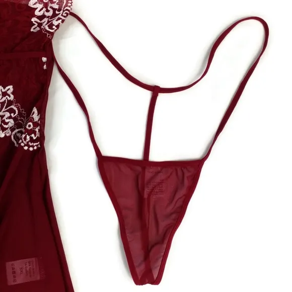 Classic Sexy Asymmetric Slip and Thong Panty Sleepwear Set Womens Burgundy 5XL