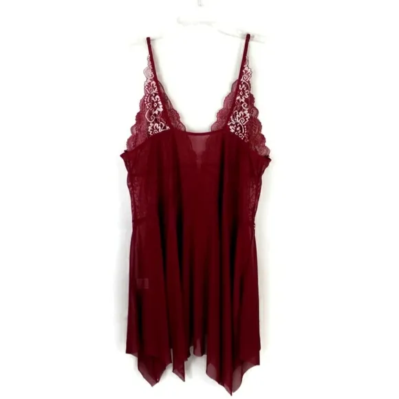 Classic Sexy Asymmetric Slip and Thong Panty Sleepwear Set Womens Burgundy 5XL