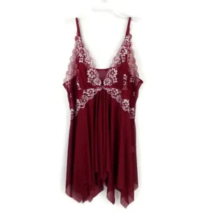 Classic Sexy Asymmetric Slip and Thong Panty Sleepwear Set Womens Burgundy 5XL
