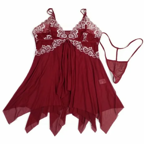 Classic Sexy Asymmetric Slip and Thong Panty Sleepwear Set Womens Burgundy 5XL
