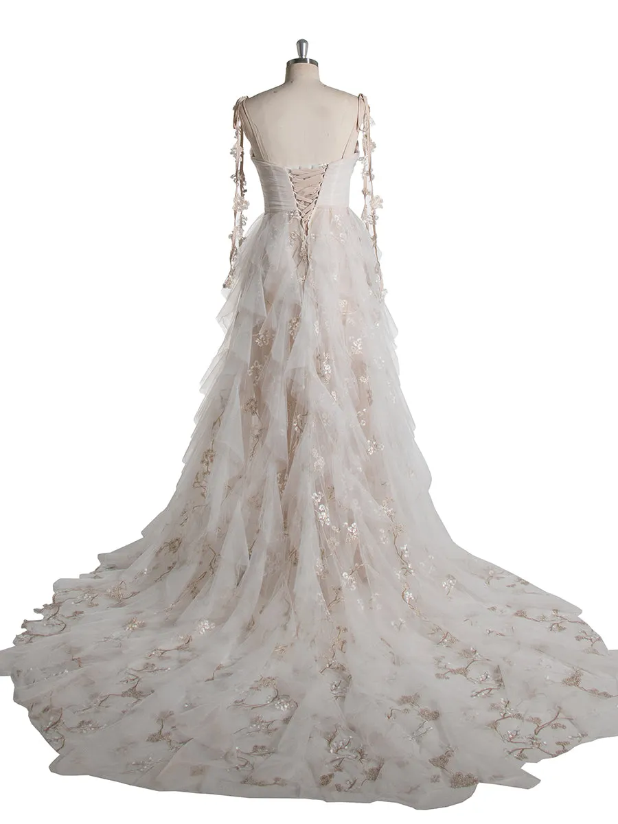 Colored Lace Cathedral Wedding Dresses Romantic Forest Wedding Dress Boho Photoshoot Gown YW240059