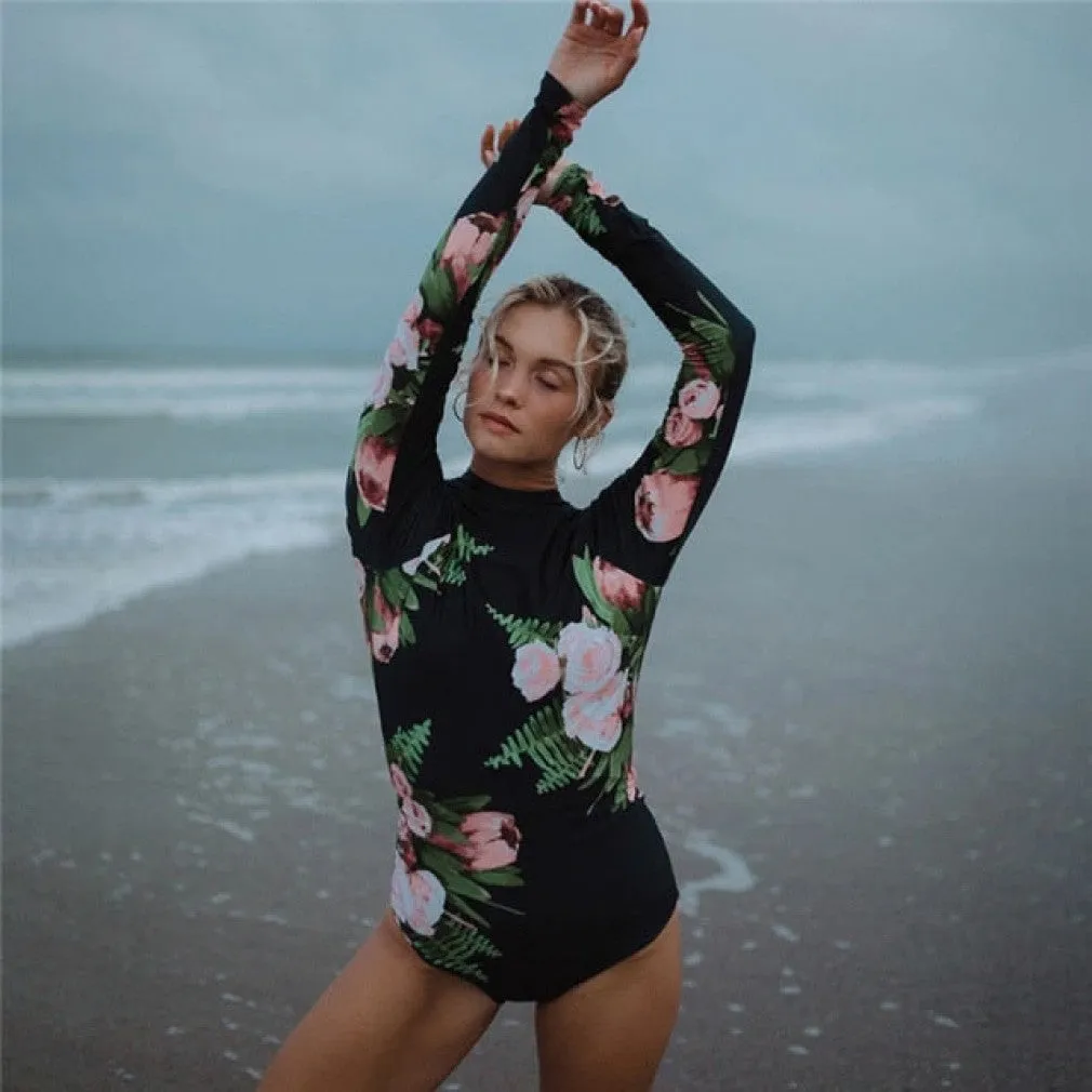 ContiNent 33 Print Floral One Piece Swimsuit Women Swimwear Monokini Long Sleeve Printed Female Bathing Suit Surfing Bodysuit Swim Wear Beach
