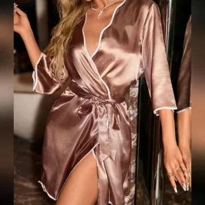 Contrast Binding Belted Satin Robe