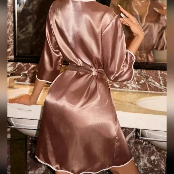 Contrast Binding Belted Satin Robe