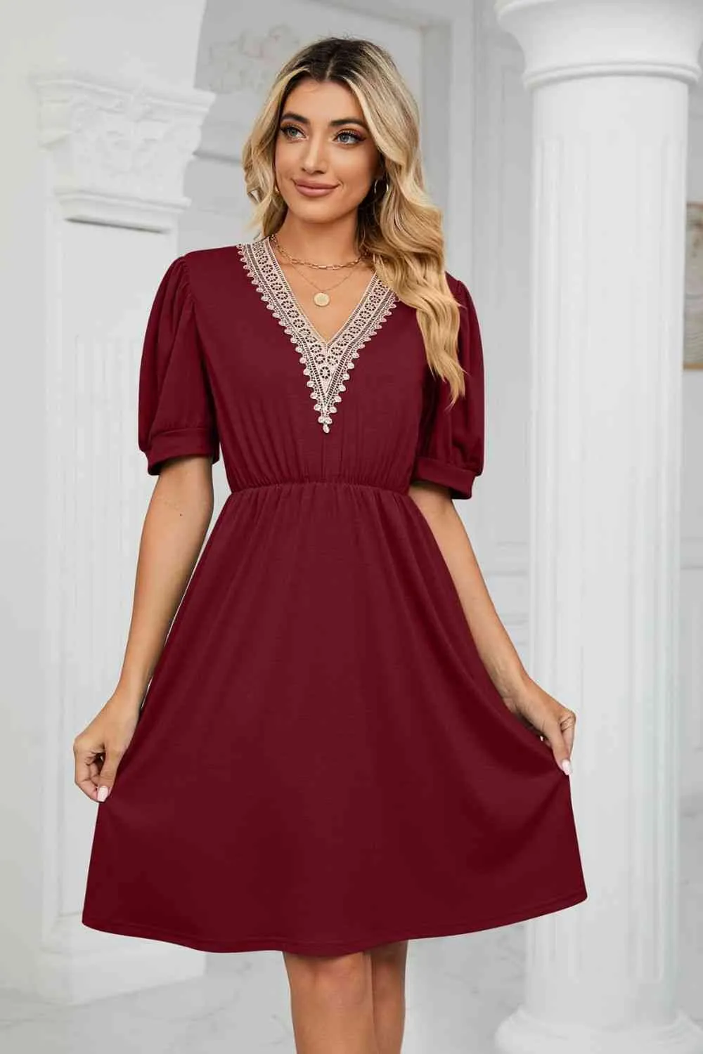 Contrast Color V-Neck Puff Sleeve Pocket Dress (8 Colors)