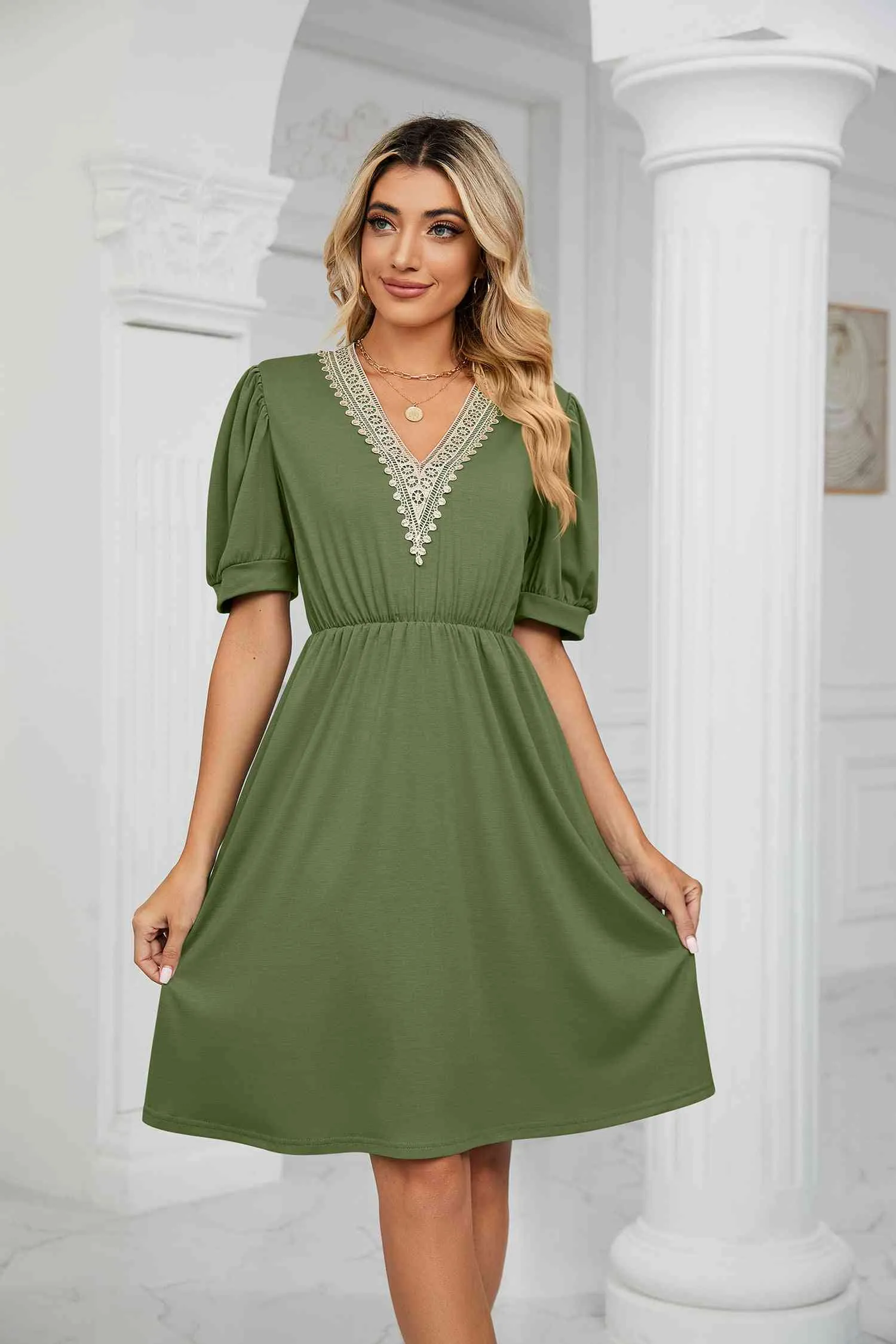 Contrast Color V-Neck Puff Sleeve Pocket Dress (8 Colors)