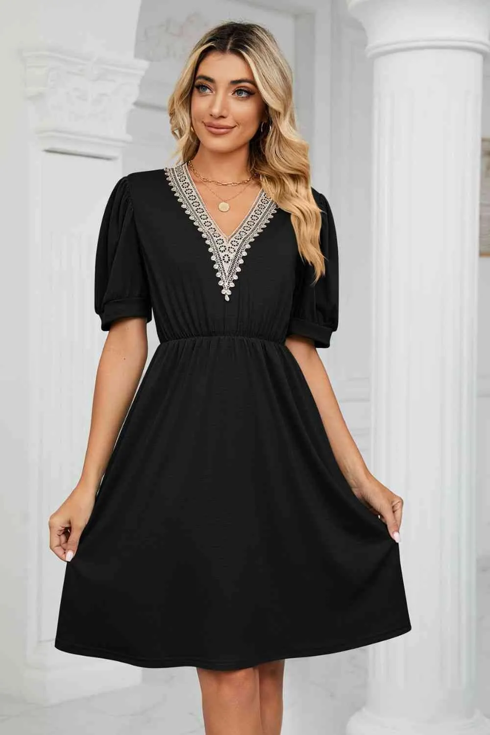 Contrast Color V-Neck Puff Sleeve Pocket Dress (8 Colors)