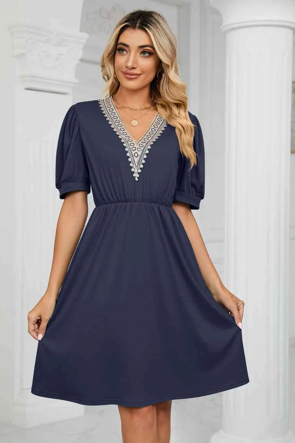 Contrast Color V-Neck Puff Sleeve Pocket Dress (8 Colors)