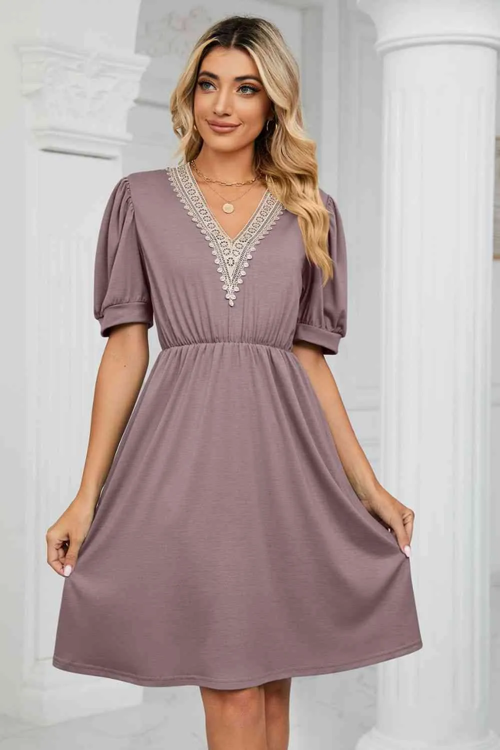 Contrast Color V-Neck Puff Sleeve Pocket Dress (8 Colors)