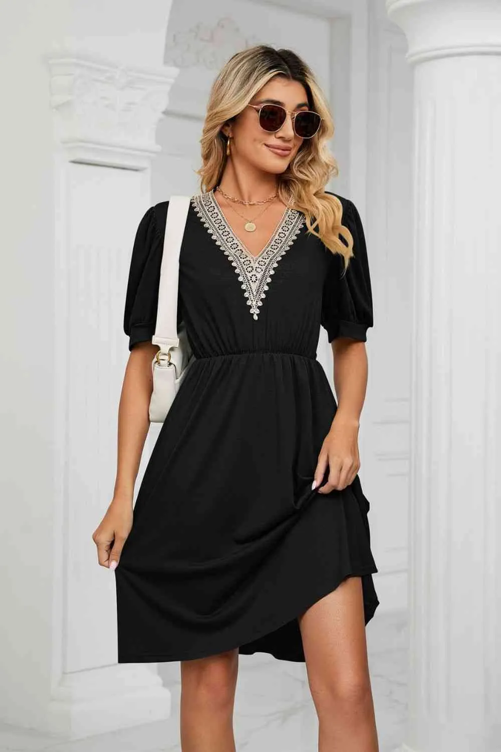 Contrast Color V-Neck Puff Sleeve Pocket Dress (8 Colors)
