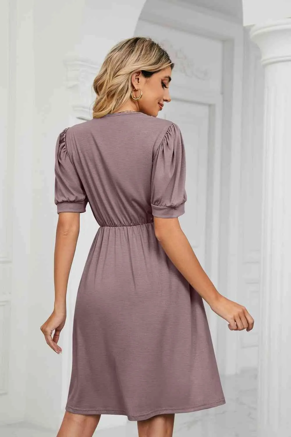 Contrast Color V-Neck Puff Sleeve Pocket Dress (8 Colors)
