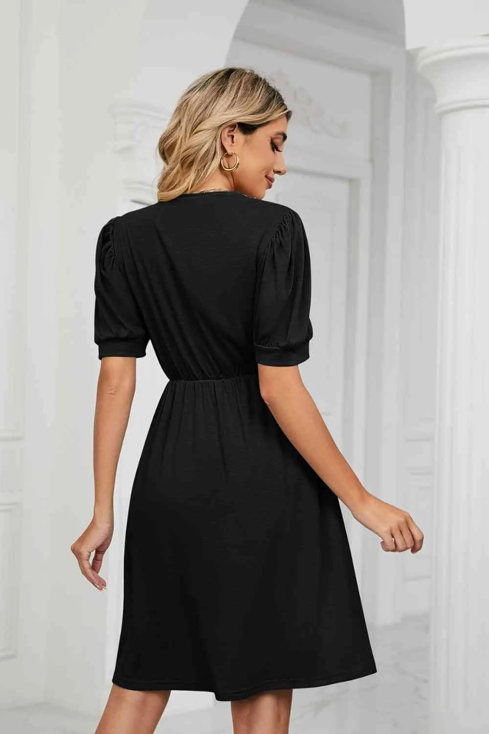 Contrast Color V-Neck Puff Sleeve Pocket Dress (8 Colors)