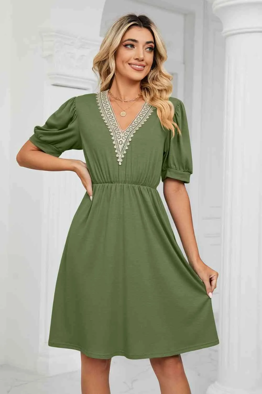 Contrast Color V-Neck Puff Sleeve Pocket Dress (8 Colors)