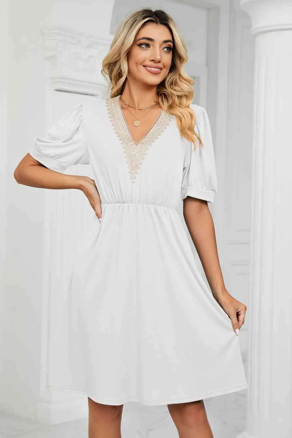 Contrast Color V-Neck Puff Sleeve Pocket Dress (8 Colors)