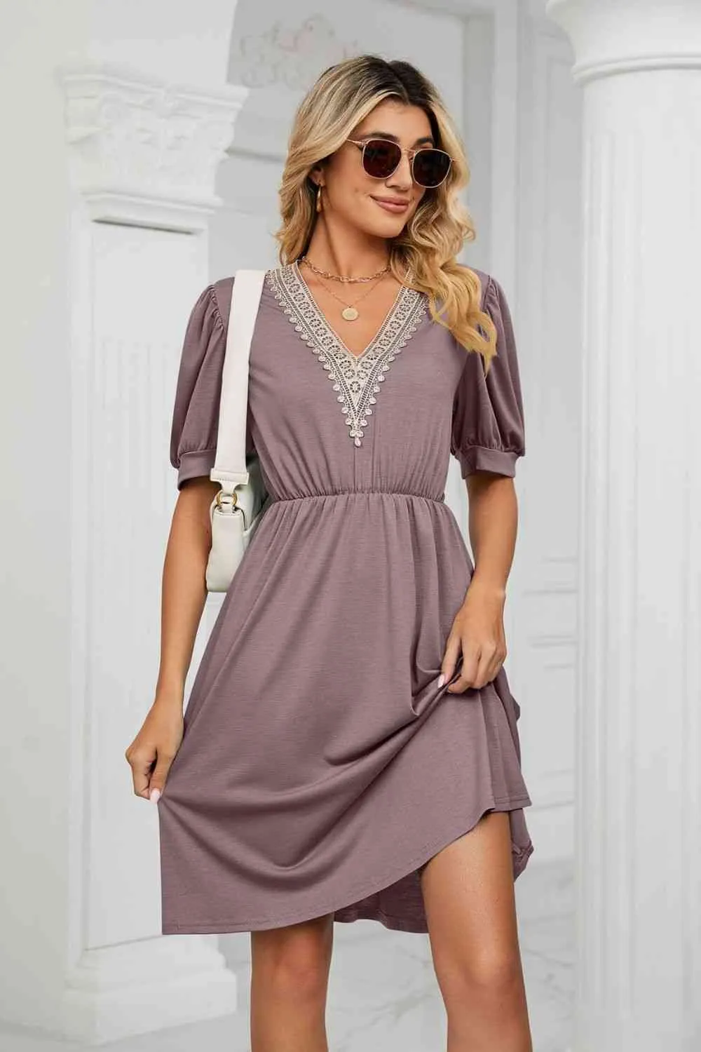 Contrast Color V-Neck Puff Sleeve Pocket Dress (8 Colors)