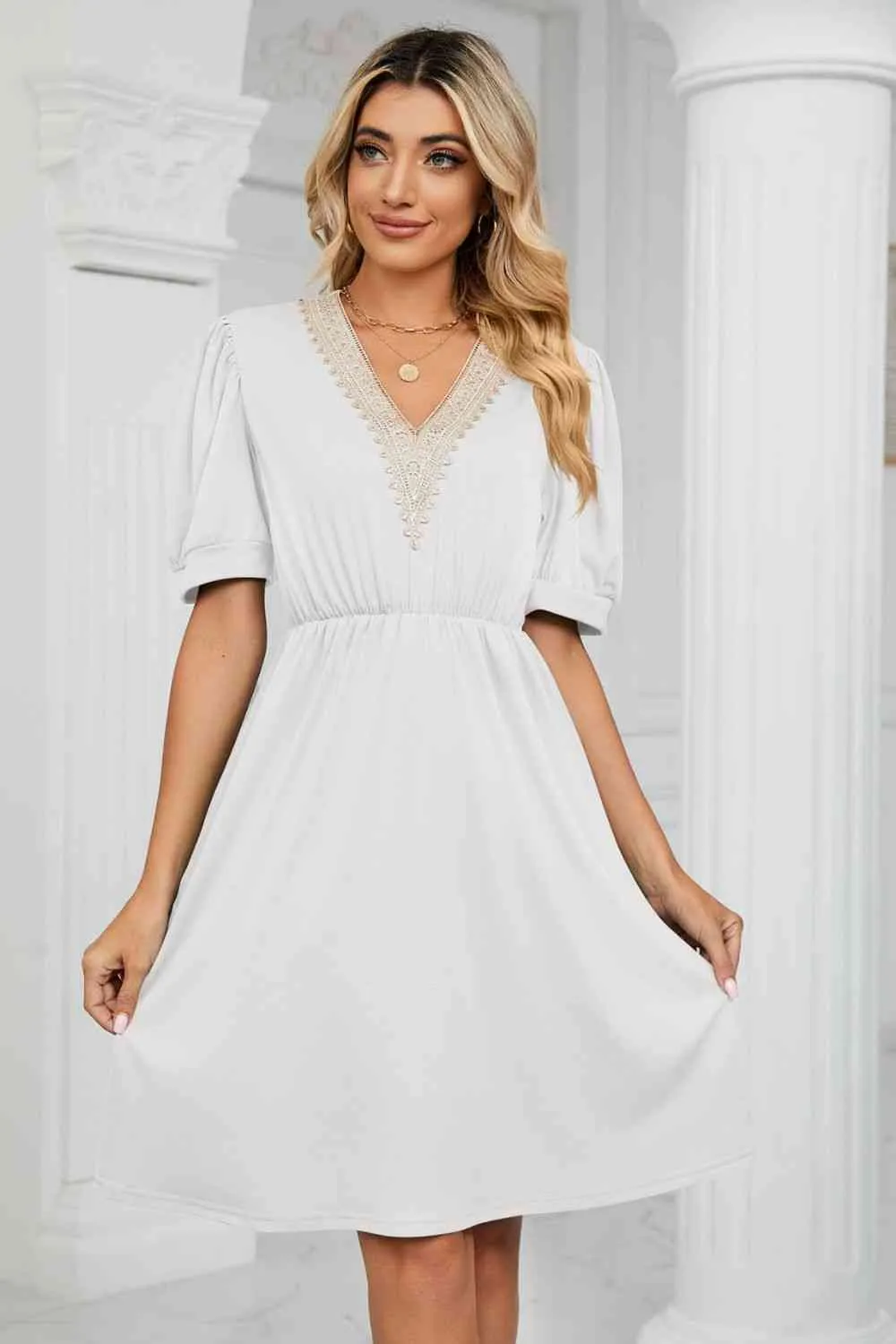 Contrast Color V-Neck Puff Sleeve Pocket Dress (8 Colors)