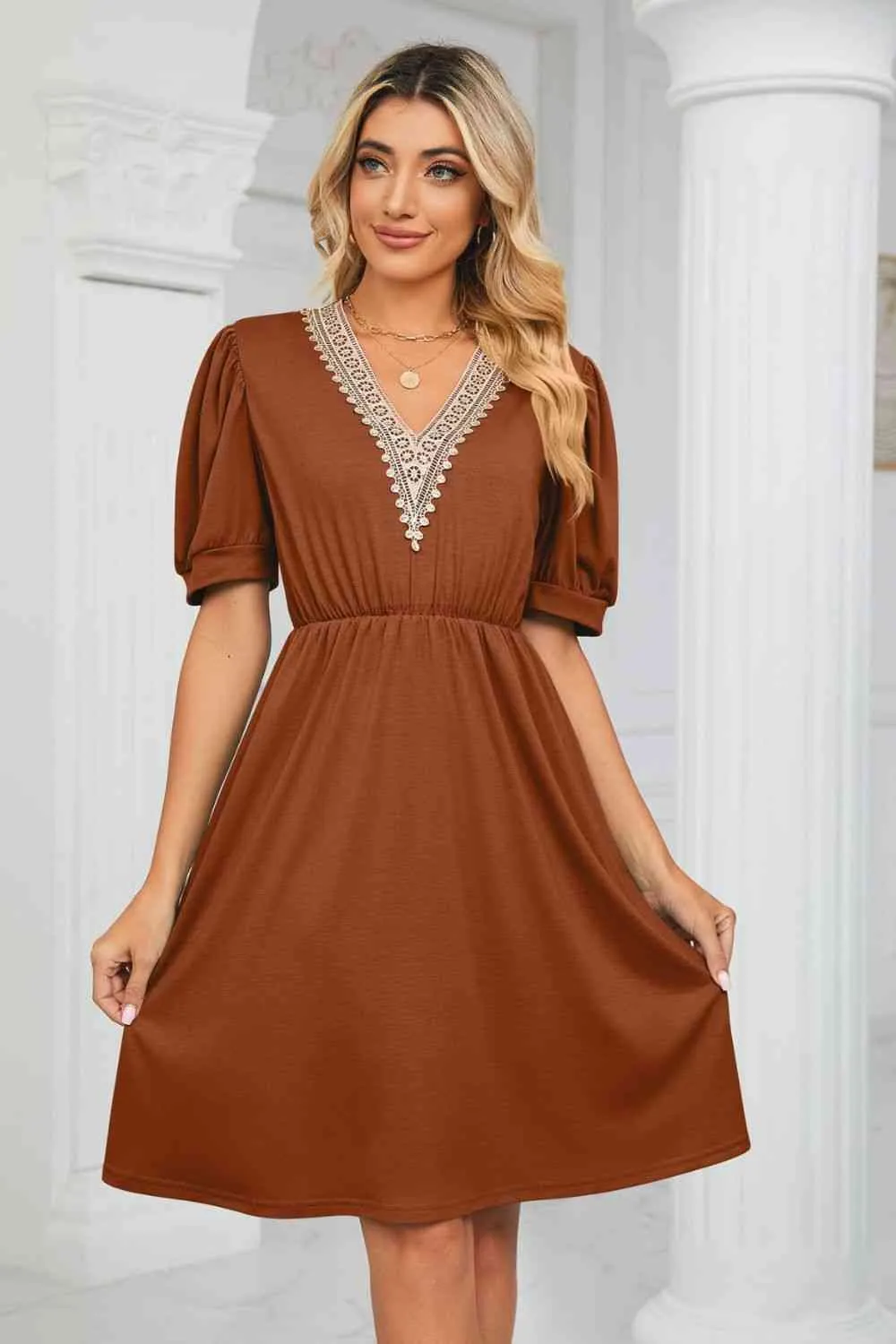 Contrast Color V-Neck Puff Sleeve Pocket Dress (8 Colors)
