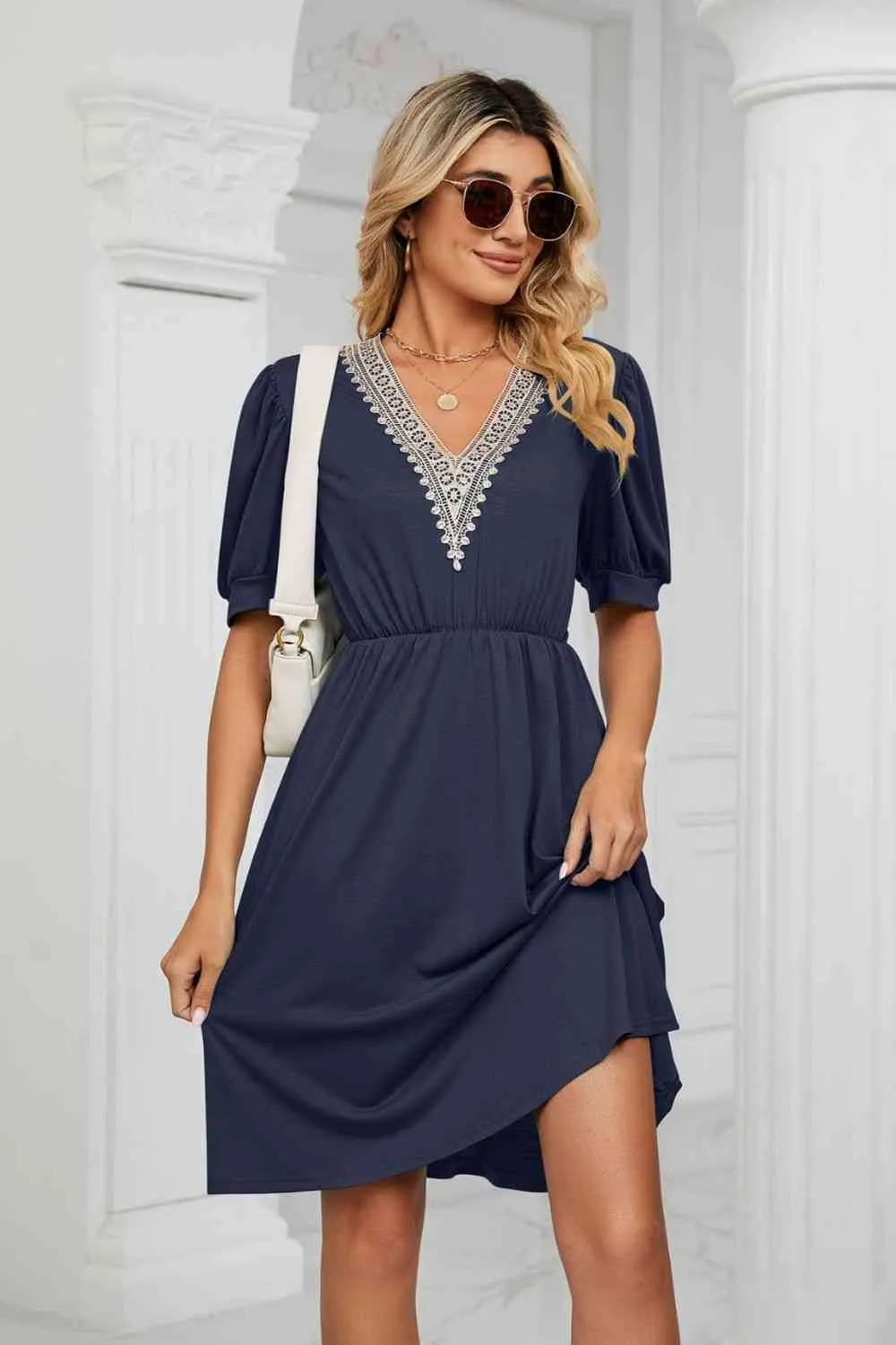 Contrast Color V-Neck Puff Sleeve Pocket Dress (8 Colors)