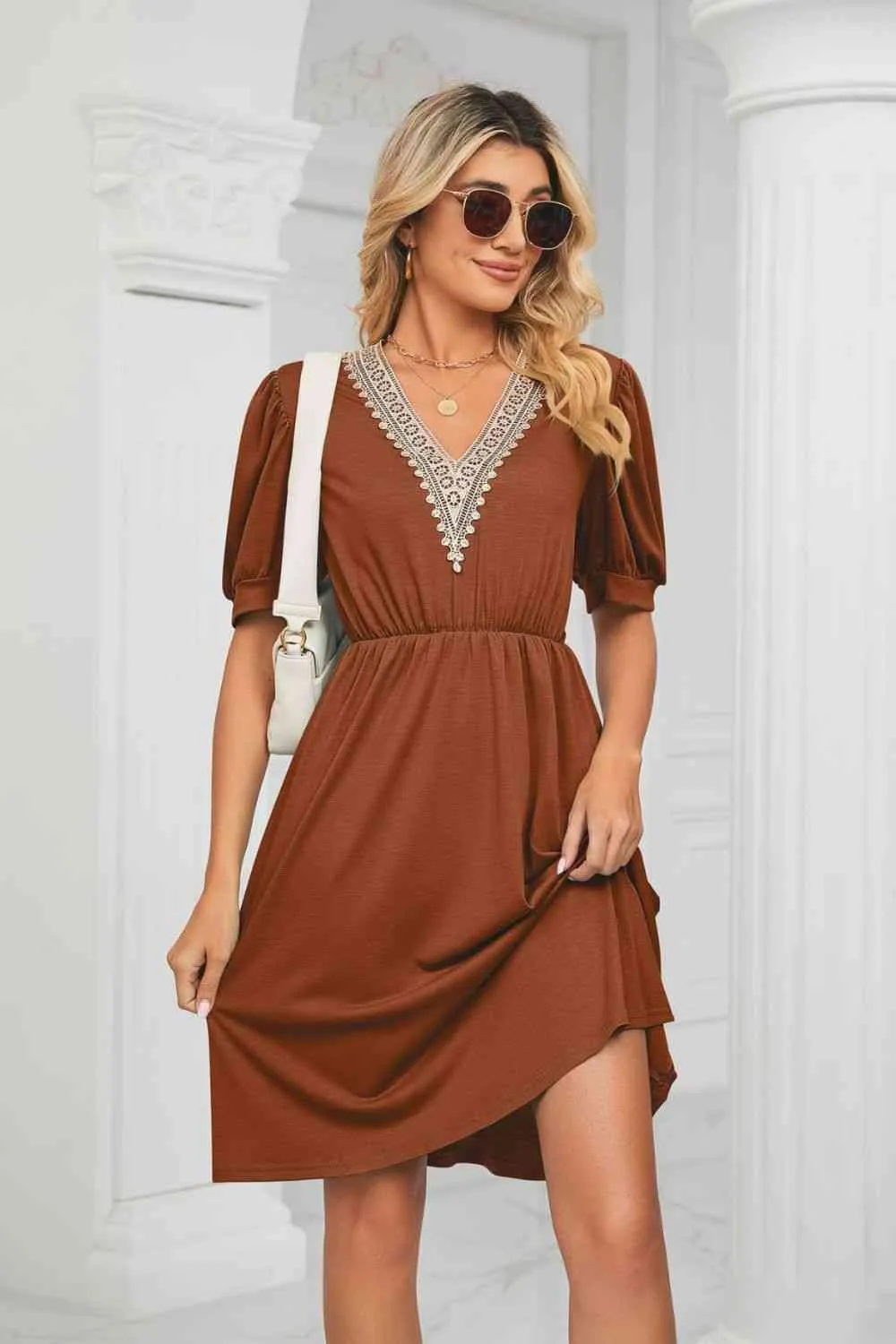 Contrast Color V-Neck Puff Sleeve Pocket Dress (8 Colors)