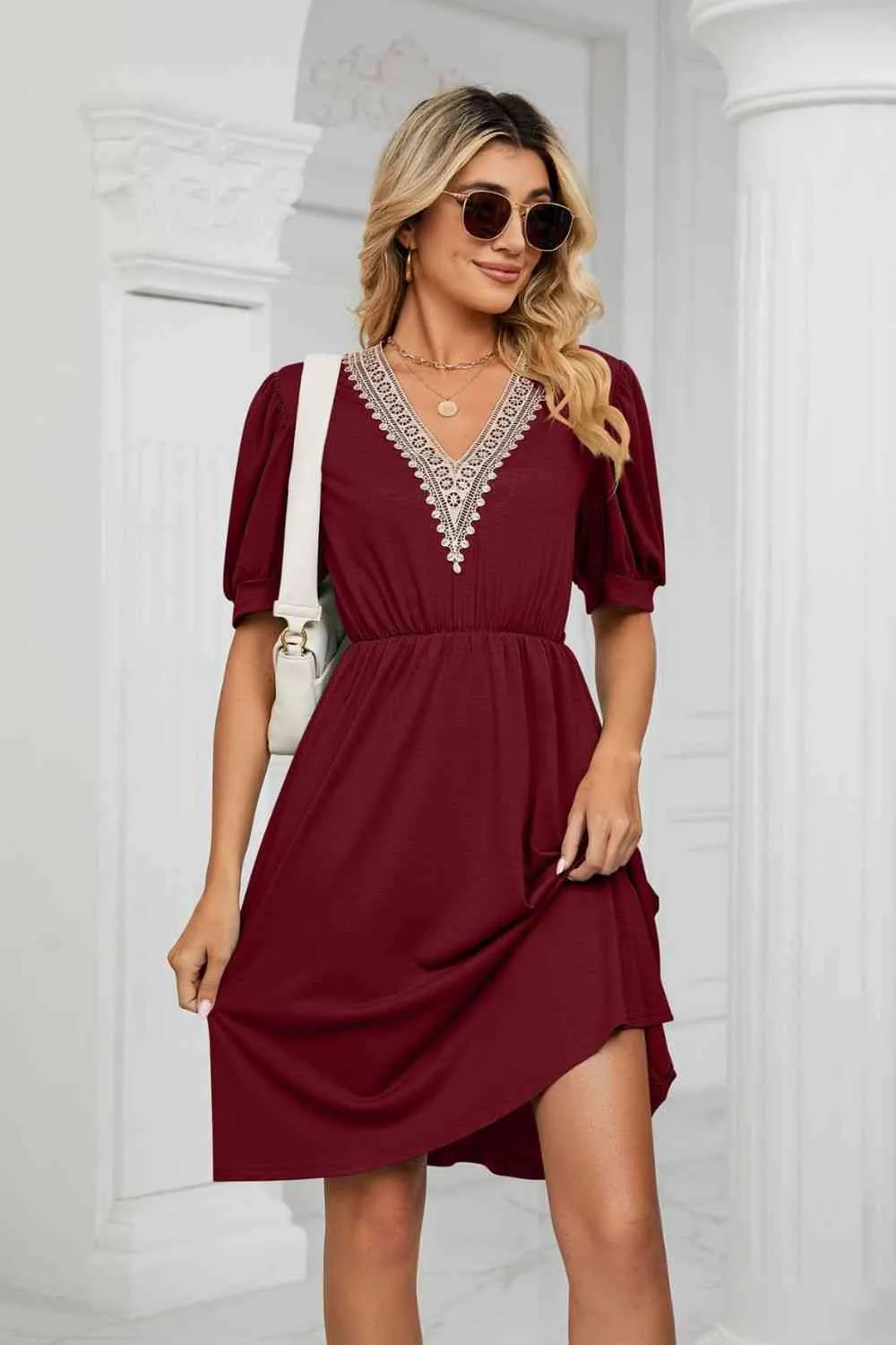 Contrast Color V-Neck Puff Sleeve Pocket Dress (8 Colors)