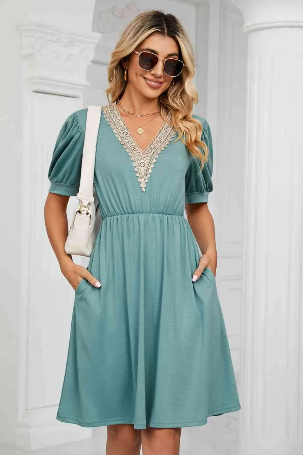 Contrast Color V-Neck Puff Sleeve Pocket Dress (8 Colors)